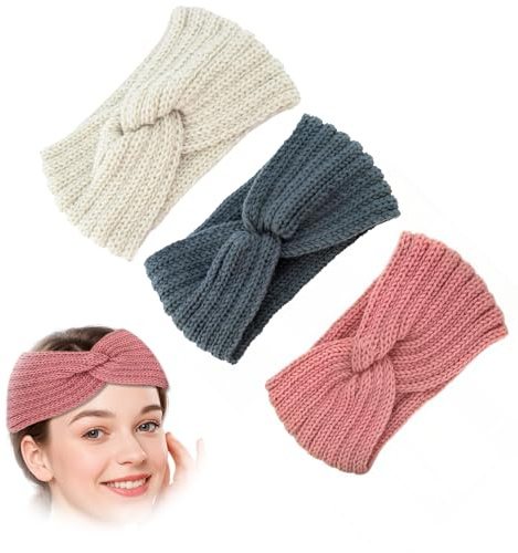 3 fasce per capelli da donna invernali a maglia, fascia per bambini e ragazze, autunno e inverno, semplici e versatili, per lavorare a maglia, per le orecchie, elastiche, beige + grigio + rosa