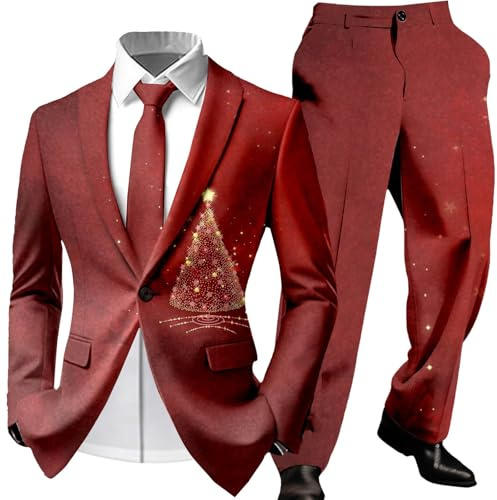 Costume Noël Homme Ensemble Blazer Et Pantalon De Élégant Flocons Neige Rouge Sophistiqué Doublure Satinée Luxueuse Droit Soirée Entreprise Tenue Esprit Lavage Professionnel Recommandé pour