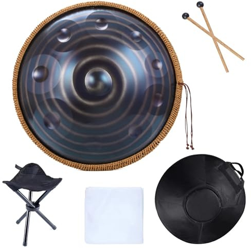 Handpan Trommel Handpan 432 Hz 10 Noten d-Moll, 22 Zoll Pantam, Stahltrommel, for Anfänger, Yoga-Meditations-Musikinstrumente(Blue gold 10 notes)