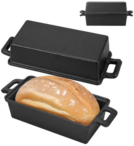 XJGQZ 2-in-1 Cast Iron Bread Pan with Lid, Loaf Pan for Sourdough, Black | 23x11cm Small Size; Superior Heat Retention & Even Distribution; Oven-Safe and Compatible with Cooktop; Should Dry Thoroughly