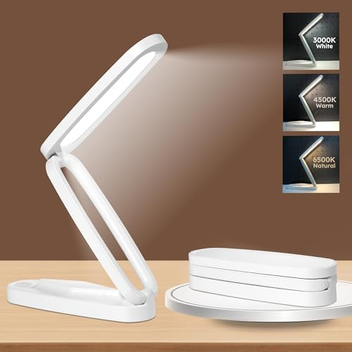 Overcomo Rechargeable Desk Table Lamp - Small LED Office Home & Battery Operated Cordless Reading Lamp Foldable & Portable Light,3 Color Temperatures and Brightness Dimmable Wireless Bedside Desk Lamp