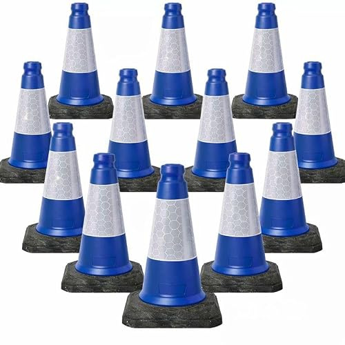 Blue and White Reflective Traffic Cones with Heavy Duty Base, 450mm High, 3.5kg Weight, 12 Pack