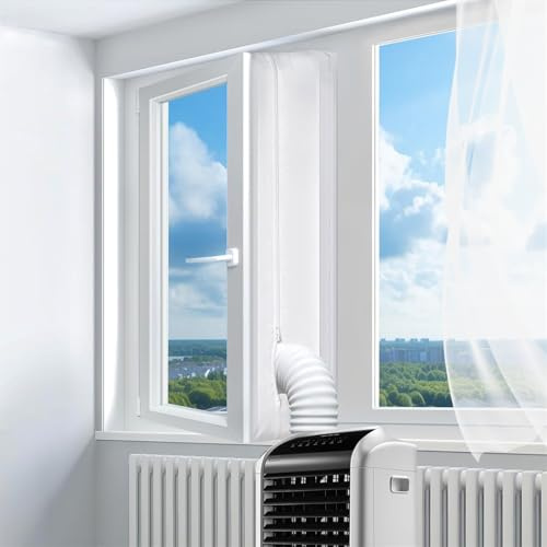 Kit Ventana Aire Acondicionado Portatil, 400CM Cubierta Aislante Ventana Aire Acondicionado, para AC Móvil y Secadora AC ventana, Que Bloquea el Aire Caliente, Cremallera Doble, Fácil de Instalar
