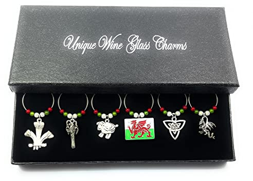 Libby's Market Place Wales Wine Glass Charms Gift Set with Box – Welsh Dragon Drink Identifiers & Glass Markers – Reusable Party Decorations for St David's Day, Rugby Fans & Welsh Gifts