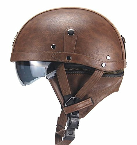 Woljay Cuir Casque de Moto et Velo Bol Lunettes Retro Style de Vintage Cuir Moto Biker Croiseur Scooter Tournée Casque (Marron foncé avec lentille Solaire tombante)