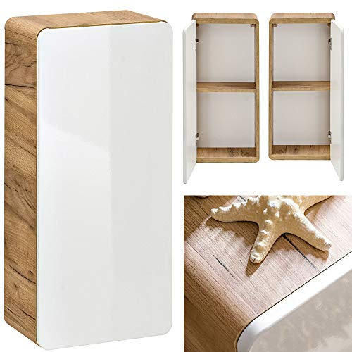 Lomadox Badmöbel Hängeschrank Wandschrank Hochglanz weiß, Wotan Eiche Nb., 1-türig, B/H/T ca. 35/75/22 cm