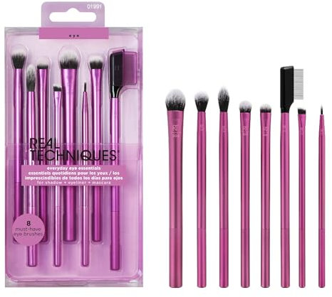 Real Techniques Everyday Eye Essentials Makeup Brush Set, Eye Brushes for Liner, Eyeshadow, Brows, and Lashes, Travel, Friendly, Synthetic Bristles, Cruelty-Free and Vegan, 8 Piece Set