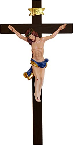 Kaltner Präsente Geschenkidee – Holzkreuz Wandkreuz Kruzifix aus Echtholz Buche Kreuz Schwarz mit Jesus Christus Figur aus Kunststein handbemalt (Höhe 50 cm)
