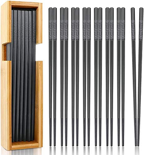 KYONANO Sushi Essstäbchen, 10 Paare Alloy Stäbchen, Chopsticks Spülmaschinenfest Waschbar, Wiederverwendbar Stäbchen aus Fiberglas mit Aufbewahrungsbox aus Bambus, Leicht rutschfest Essbesteck