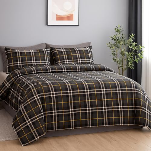 EDS Tartan Check Duvet Cover with Pillow Case King Size Duvet Cover Set Flannelette Brushed 100% Cotton Flannelette Reversible Tartan Bedding Set (Charcoal, King)