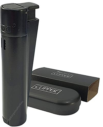 TopBargainsForYou - Clipper Metal Electronic Jet Lighter, Windproof Dustproof Refillable Butane Gas, Adjustable Torch Flame, Cigar Cigarette Stainless Steel Lighter with Gift Tin (Black Metal Jet)