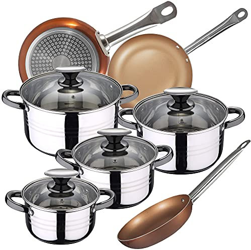 San Ignacio, Bateria de cocina 8 piezas Dina, acero inoxidable, con juego sartenes (20/24/28 cm) Professional Chef Copper Plus en aluminio forjado