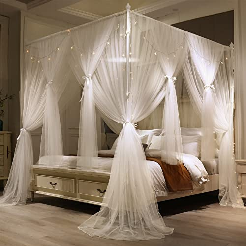 VETHIN 4 Corners Post Princess Bed Canopy Curtain Double Layer Cozy Drape Netting 4 Opening Mosquito Net for Girls & Adults Bedroom Decoration Accessories (Double White, 53 W*78 L*82*H/(Full))