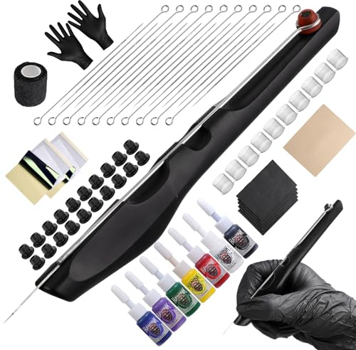 HAWINK Hand Poke und Stick Tattoo Set DIY Stifte Tool mit 7 Tattoo Farbe 20PCS Tattoo Nadeln Zubehör für Tattoo-Liebhaber Black GK-HW803TN01EU-1