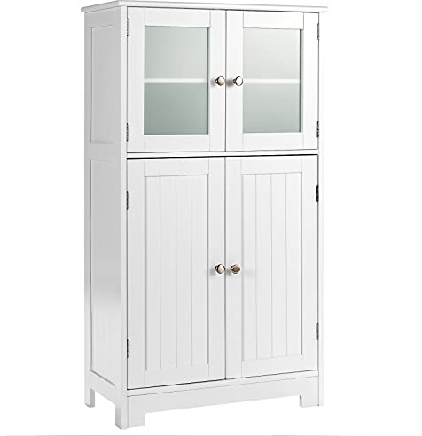 COSTWAY Bathroom Floor Cabinet, Freestanding Storage Cupboard with Tempered Glass Doors and Adjustable Shelf, Wooden Side Cabinet Organiser Unit for Living Room Kitchen Entryway (White)