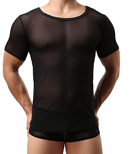 Crongless Herren Transparent T Shirt,Sexy Netzshirt Glatt Gaze Slim Fit Tops Reizwäsche Schwarz S M L (S)