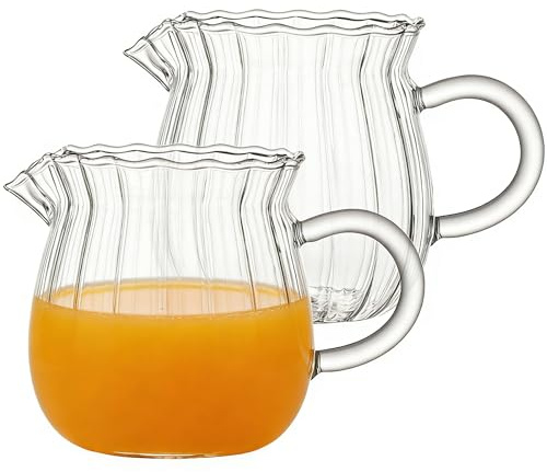 Zerodeko 2 Pcs Mini Glass Jug Striped Cream Serving Pitcher 370ml | Heat Resistant Ribbed Beverage Container with Handle and Wide Mouth for Coffee Milk Tea, Transparent Set for Tabletop