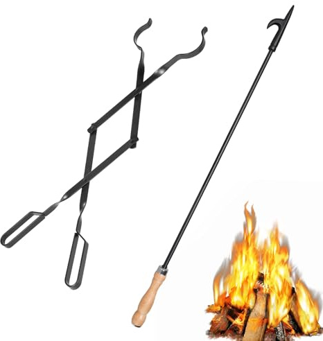 Pince de cheminée de 66 cm et tisonnier de 81,3 cm, pince à bois pour poêle à bois, bois de chauffage, noir très résistant en fer forgé pour feu de camp, cheminée, feu de camp, feu de camp,