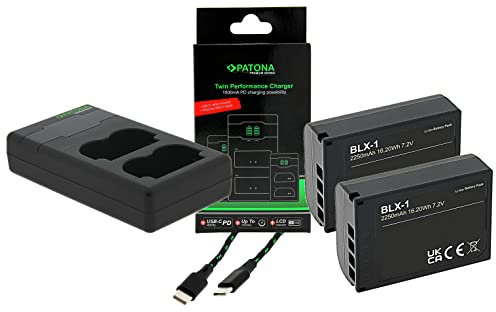 Zubehör Set für die Olympus OM-1 | 2 Akku (2250mAh) und Twin Charger mit LCD Anzeige | kompatibel mit Olympus Akku BLX-1 | Akku mit NTC-Sensor und V1 Gehäuse (feuerhemmend)