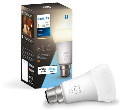 Philips Hue White LED Smart Light Bulb 1 Pack [B22 Bayonet Cap] Warm White - for Indoor Home Lighting, Compatible with Amazon Alexa Devices