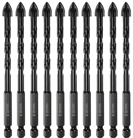 sourcing map 10pcs Masonry Drill Bits, 8mm Concrete Drill Bit 1/4 Hex Shank Ceramic Tile Drill Bit Carbide Tip for Brick, Glass, Plastic, Ceramic Tile, Wall Mirror, Black