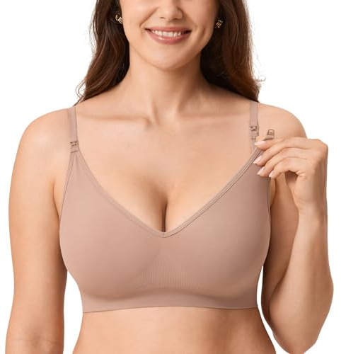 MOMANDA Reggiseno Allattamento Donna Senza Ferretto Bralette Premaman Senza Cuciture a Costine per Dormire Beige Cacao M