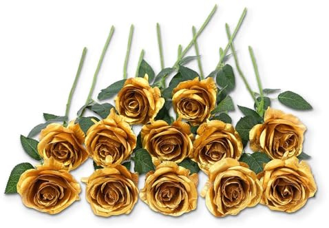 Laelfe 12 Stück Künstliche Rosen, 53 cm Langer Stängel (Gold) | Realistische Kunstblumen Rosen, Kunstrosen für Hochzeitsramos, Heimdekoration, Party Arrangements, Hotel, Garten Dekorationen