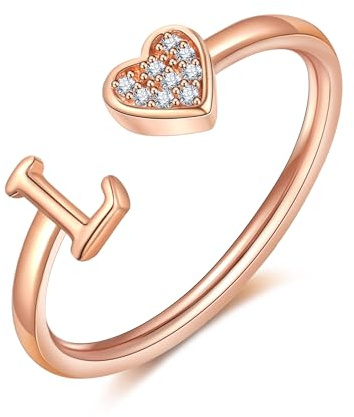 FUNEIA Herz Ring mit Buchstaben Damen Frauen Gold Silber Rosegold Verstellbarer Initiale A-Z Zirkonia Fingerring Stapelring Wasserfest Buchstabering Schmuck Mädchen Geschenkbox