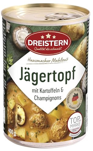 DREISTERN Jägertopf 400g I Mit Kartoffeln & Champignons I Herzhaftes Fertiggericht in recyclebarer Konservendose I Lange Haltbarkeit dank natürlicher Konservierung I Hausmacher Qualität