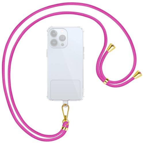 mtb more energy® Universal Handykette Clear - Hot Pink - Metallteile Gold - transparenter Patch - kompatibel mit vielen Handyhüllen - Zubehör Smartphone zum Umhängen