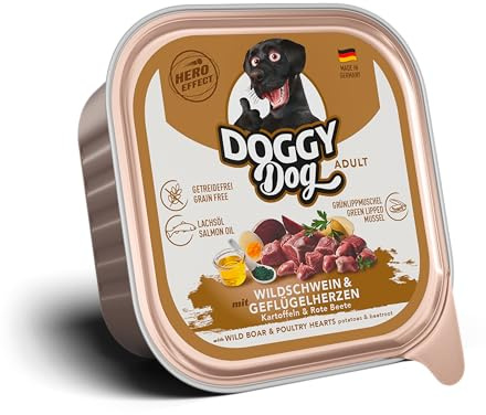 DOGGY Dog Paté Wildschwein & Geflügelherzen, 10 x 150 g, Nassfutter für Hunde, getreidefreies Hundefutter mit Lachsöl, Alleinfuttermittel mit Kartoffeln und rote Beete, Made in Germany | Alleinfuttermittel, Getreidefrei, Lachsöl & Grünlippmuschel, Hoher Fleischanteil, Made in Germany