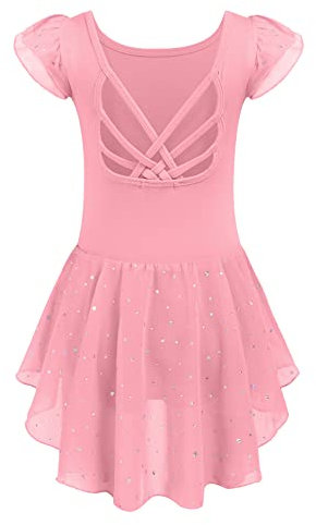 Arshiner Ballettkleid Mädchen Ballettanzug Baumwolle Balletttrikot Kurze Ärmel Ballettkleidung Dunkelrosa Strap-Cross Tanz Trikot mit Chiffon Rock Tütü 150/7-8 Jahre
