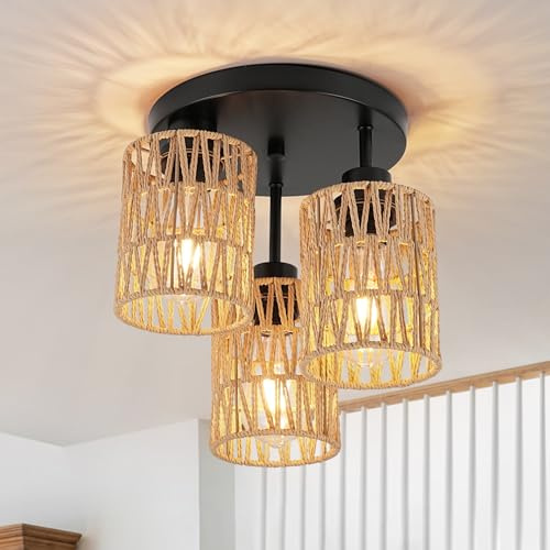 FORCOSO Deckenleuchte Rattan 3 Flammig, Boho Lampe Decke mit Natürlicher Rattan Lampenschirm, E27 Vintage Kronleuchter, Rustikal Braun Deckenlampe Für Wohnzimmer Schlafzimmer Esszimmer Küche Flur