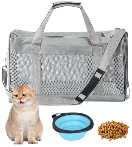 BYZESTY Transportbox Katze Hund Katzentransportbox Hundebox Faltbar Hundetransportbox Katzen Transportboxen Hundetasche Katzenbox Katzentransporttasche Inkl. Hundenapf, 42 x 27 x 28 cm (Grau)