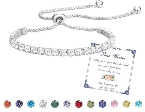 Esmoly Bracciale Donna Argento Bracciale Tennis con 12 Colori di Pietre Natali e 5A Sparkle Zircone Regolabile Regalo Compleanno Donna (04-Aprile)