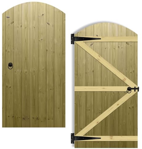 Arch Top Wooden Garden Gate 6x3ft - Tongue & Groove Semi-Braced Treated Timber Door + Ring Latch Hinge Pack, H:6ft x W:3ft Ideal for Outdoor Pathway Home Access (High: 180cm x Wide: 90cm)