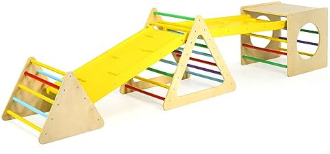 DREAMADE 5 in 1 Kletterdreieck mit Rampe, Holzdreieck Sprossendreieck zum Klettern Kletterspielzeug, Indoor Klettergerüst aus Holz für Kinder ab 3 Jahre