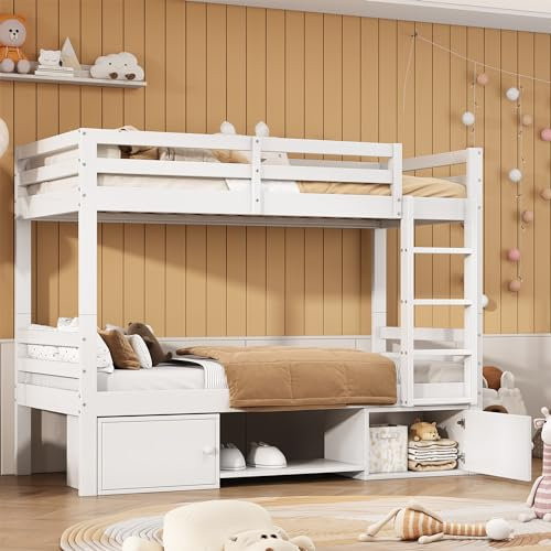 Rtopsu Etagenbett Kinderbett 90x200 cm für 2 Kinder, Bett mit Stauraum Schuhregal und Treppe, Hochbett mit Lattenrost aus Holz, Holzbett Bettgestell mit Rausfallschutz, Weiß, Ohne Matratze