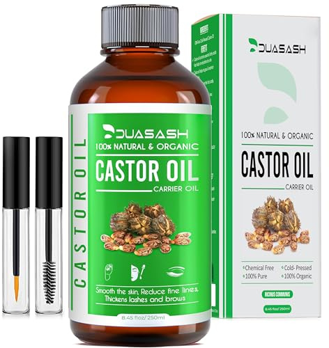 Duasash Organic Castor Oil for Eyelashes and Eyebrows 250ml Cold Pressed Castor Oil for Hair Growth Undiluted Hexane Free 100% Natural and Pure Caster Oil for Skin with Brushes For Hair, Beard, Nails