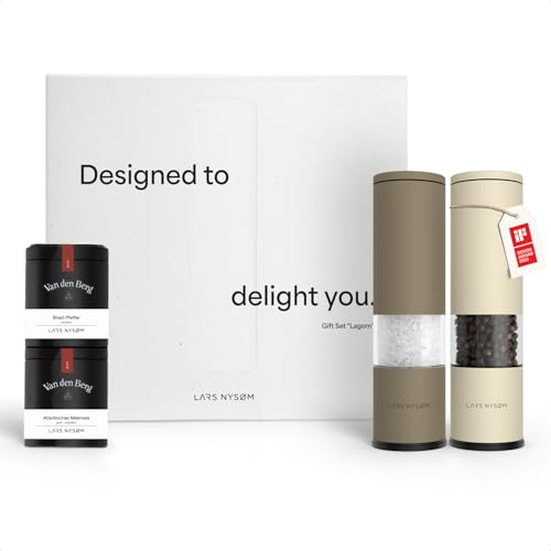 LARS NYSØM Gewürzmühlen & Gewürze Geschenkset - Salz und Pfeffermühlen Set mit 2 hochwertigen Gewürzdosen (Salz, Pfeffer) - Durch schöne Geschenkbox eine tolle Geschenk Idee (Brown/Beige)