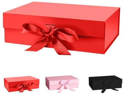 Geschenkbox mit Deckel Quadratische Geschenkbox mit faltbarer mit Schleife Magnetische Geschenkverpackung für Hochzeit, Geburtstag, Valentinstag, Jahrestag (Rosa Schwarz Rot) (Rot, 33 * 25 * 12.5)