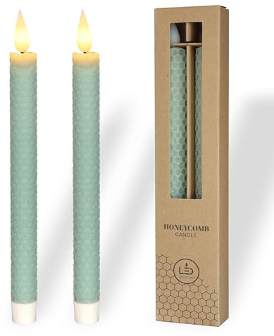 comforder Echtwachs LED Stabkerzen, Bienenwaben, 2er Set (Eukalyptusgrün) | Flackernde Flamme, Timerfunktion, batteriebetrieben mit 2x AAA (nicht enthalten), realistisches Kerzenlicht