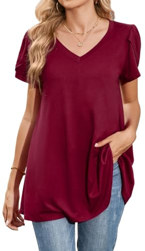 Enmain Camisetas Mujer Manga Corta Tallas Grandes Blusas y Camisas para Mujer Elegantes Holgada Cuello en V Casual Túnica T-Shirt Borgoña 4XL