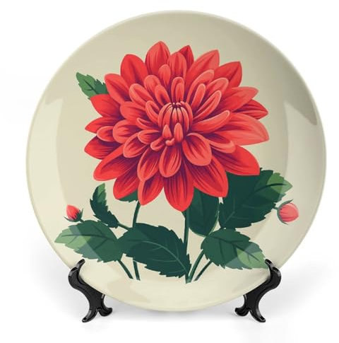 NWTRJ Red Dahlia Ceramic Decorative Plates 6inch Bone China Decorative Plates with Display Stand Handmade Ceramic Ornament for Home Kitchen Bedroom Decorative Ornaments
