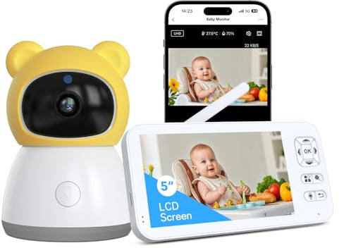 XPJ 2K Baby Monitor with Camera and Audio Wifi Smart Video Babyphone Camera Night Vision 5 HD Screen Phone App Control, Motion & Cry Detection, 2 Way Talk, Lullaby, Temp & Humidity Sensor