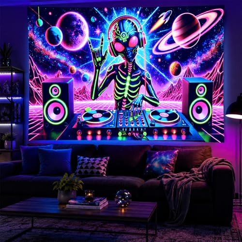 BlissYard Aliens Tapisserie, 200 x 150 cm, Schwarzlicht, DJ, Alien, Wandteppich, Alien-Wandteppich für Männer, Jungs, Schlafzimmer, UV-reaktiv, Alien-Wandteppich, hängende Kunst, Wandteppich,