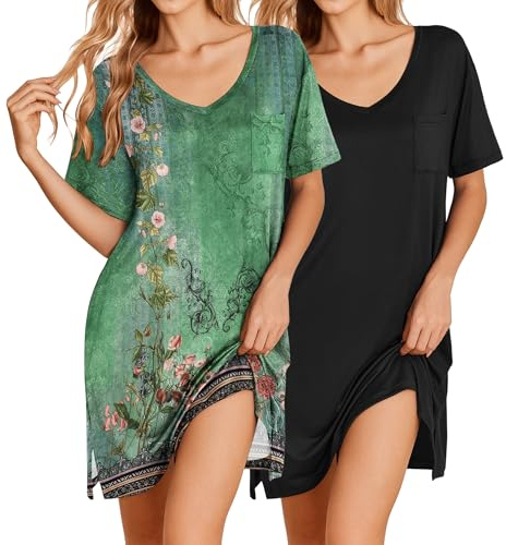 Ekouaer 2 Pack Nightgowns for Women Short Sleeve Sleepshirt V Neck Nightshirt Casual Print Sleepwear