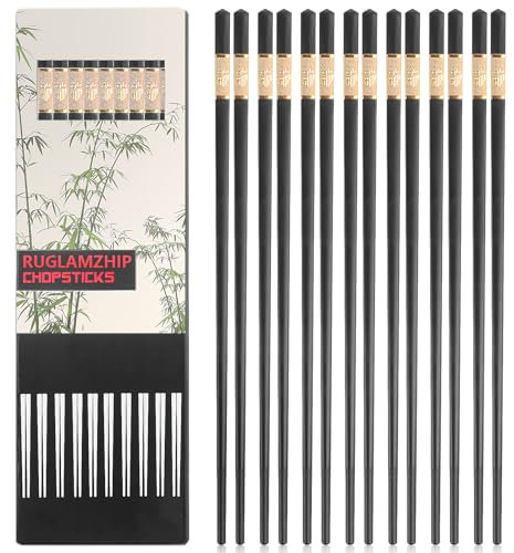 10 Pairs Fiberglass Chopsticks Set With Metal Tips - Non-Slip Chinese Japanese Korean Style for Sushi, Noodles and Rice - Dishwasher Safe (Black Gold)