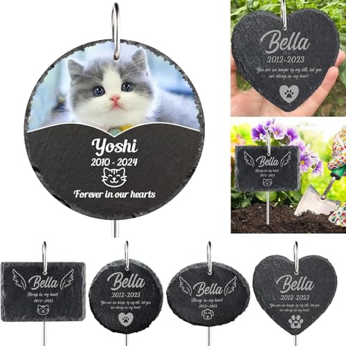 MJARTORIA Personalisiert Tiergrabstein Grabstein Hund Katze Grabplatte Grabstecker mit Gravur, Individuelles Grabschmuck Wetterfest Herz Grab Gedenkstein mit Namen Datum(Schwarz Rund mit Foto)