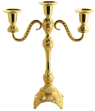 Alisveristime Kerzenhalter mit 3 Armen, dekorativer Zamak-Kandelaber für elegante Wohnkultur, hält 3 Kerzen, Montage erforderlich (Gold & Silber) (Gold)